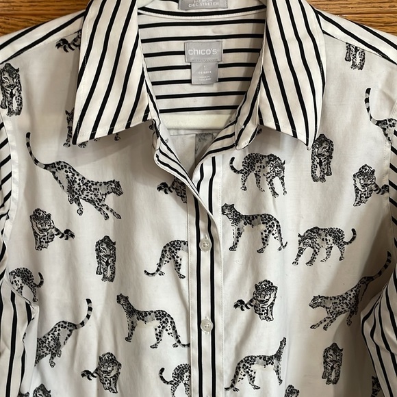 CHICO'S No Iron Button down Tunic Cheetah and Stripe Top Classic Style - Picture 7 of 12